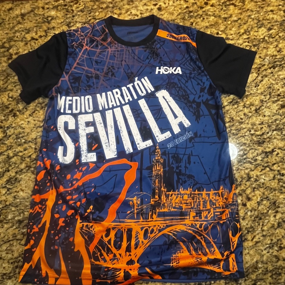 Hoka Mens Medio Maraton Sevilla 2024 Running Shirt Large Blue Orange Graphic Tee
